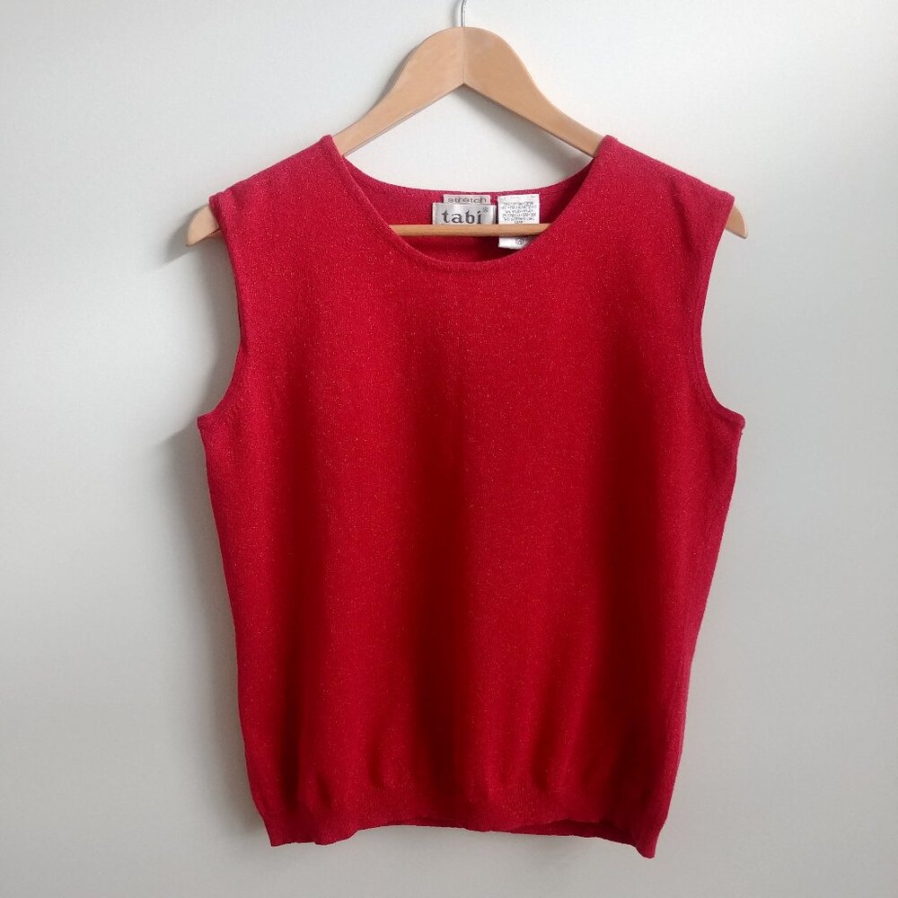 Vintage red cotton knit sleeveless top sweater vest gold metallic thread…